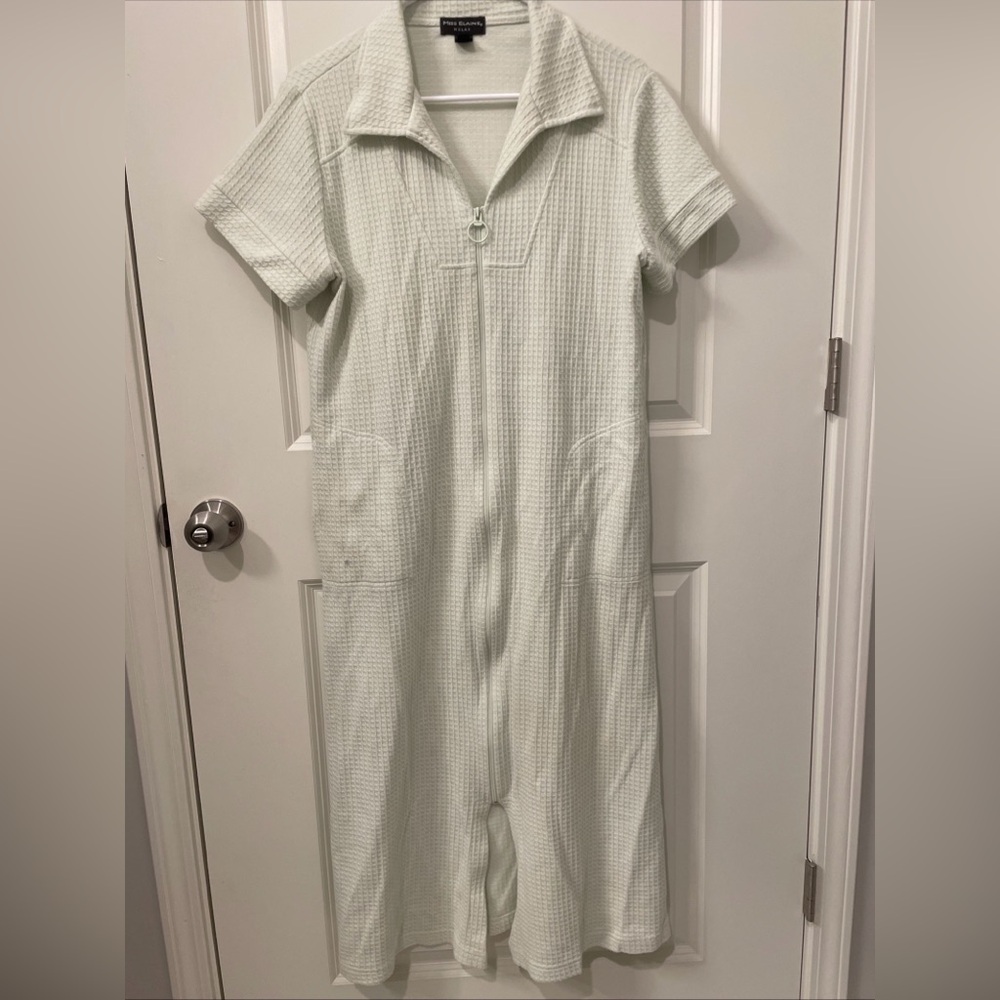 MISS ELAINE Robe L Lt Pastel Green Waffle Knit short Sleeve Fleece Full Zip